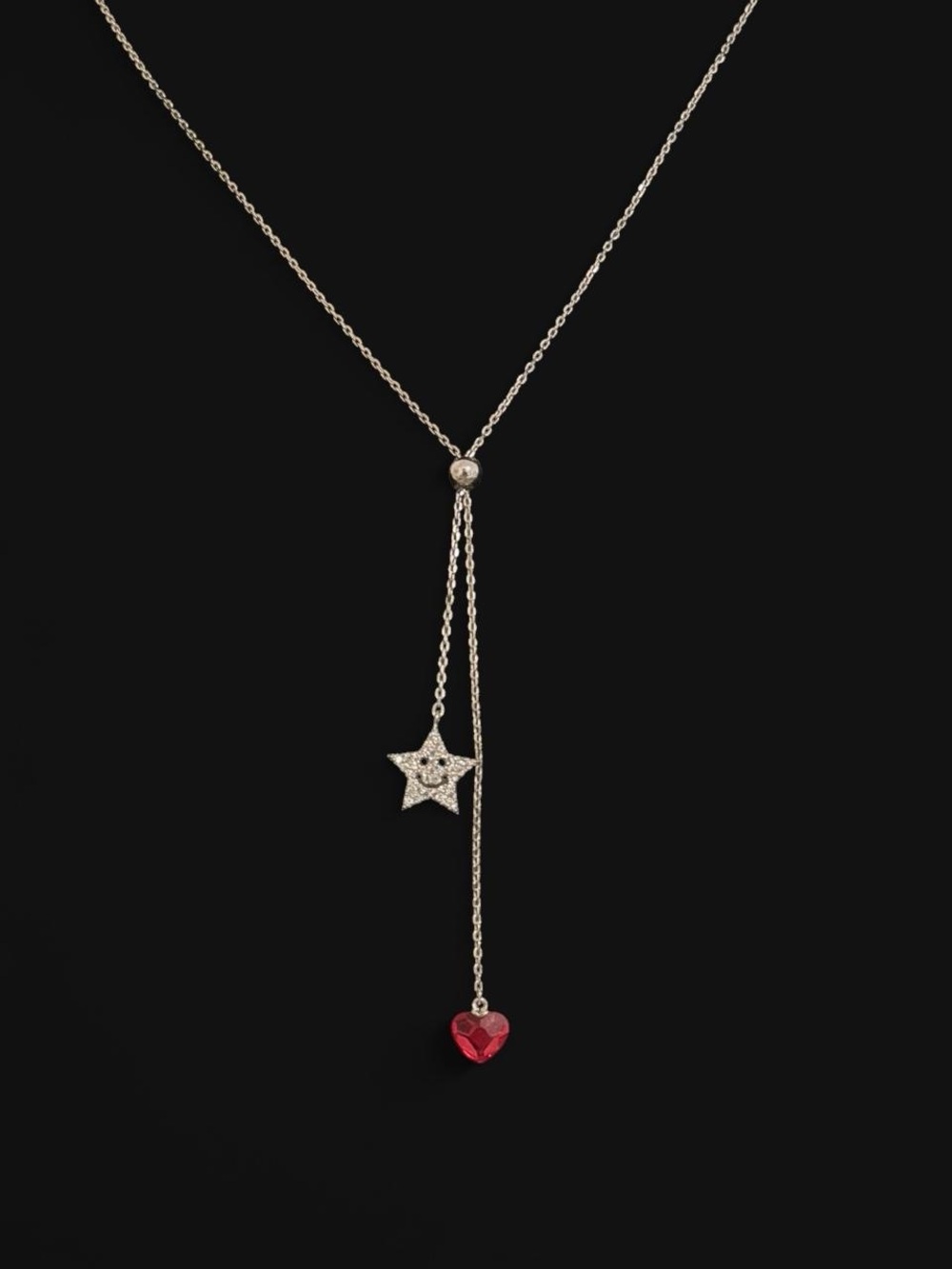 Sterling Silver Star & Red Heart Drop Necklace